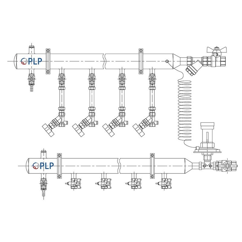 Узел коллекторный для отопления этажный с левым подключением на 8 выходов PLP УКЭО-Л-25-АИ-А25-50СТ-100-8-15-Р15-ВП110-РВ-КД