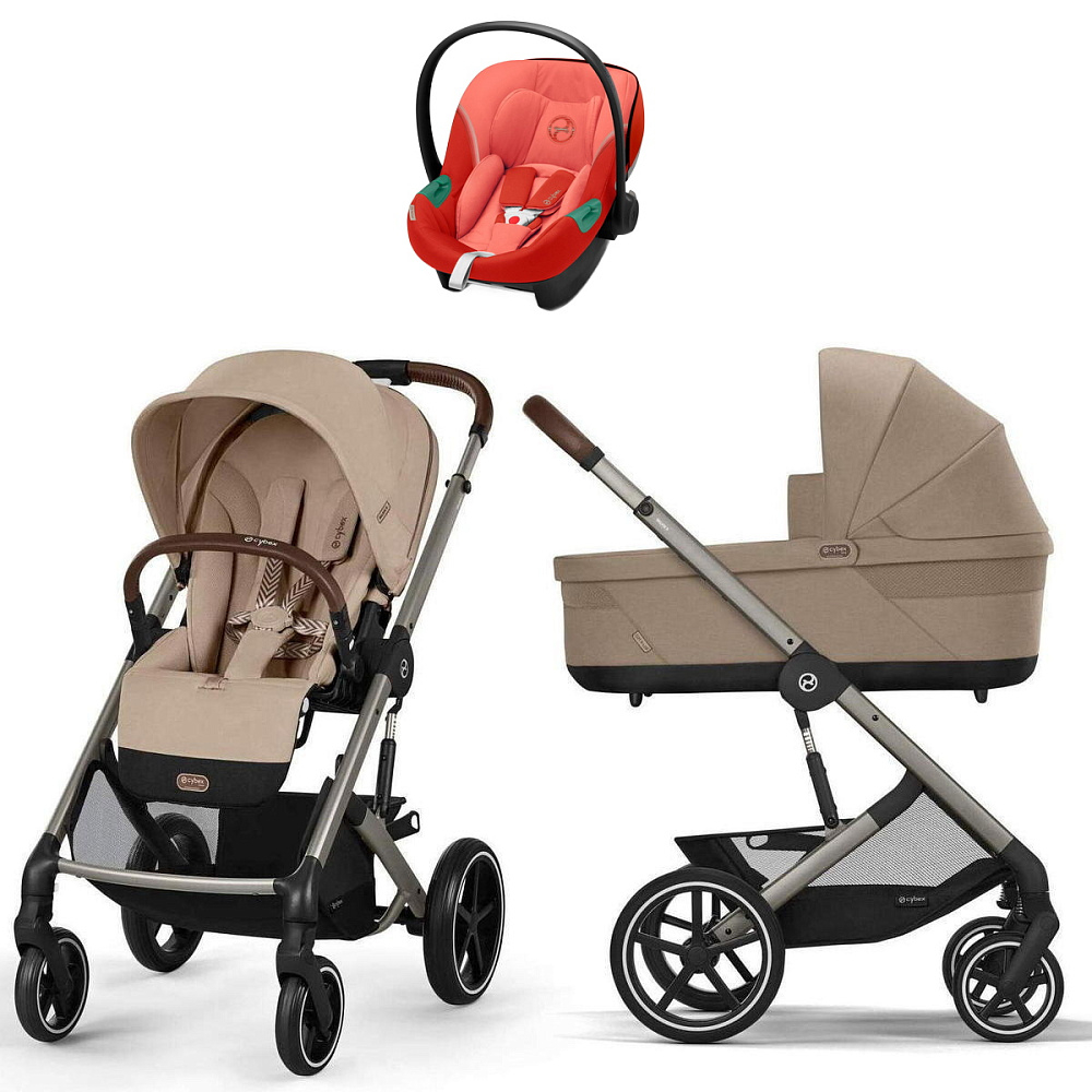 Коляска Cybex Balios S Lux TPE complete Aton S2 Hibiscus Red Base One 4 в 1 Almond Beige с дождевиками