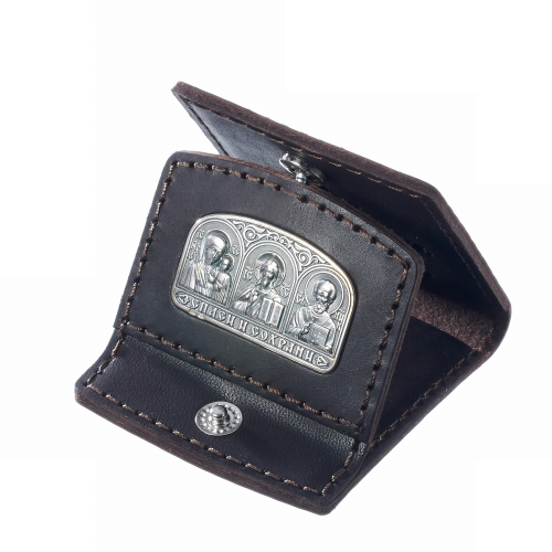 Икона для автомобиля из серебра в чехле из темно-коричневой кожи/Частичное чернение/Казанская/Иисус Христос/Николай Чудотворец