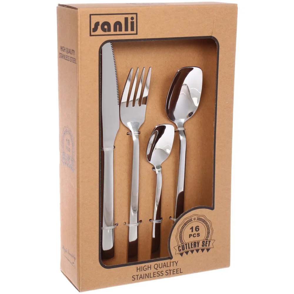 Набор столовых приборов «SANLI» 16шт (4ножа, 4вилки, 4ст.ложки, 4ч.ложки), цвет серебро, прямой