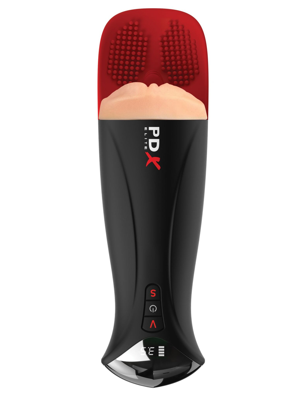 Телесный мастурбатор-вагина в черной колбе с вибрацией Fuck-O-Matic Pro XL