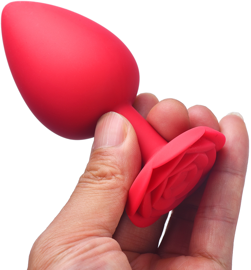 Красная силиконовая анальная пробка с ограничителем в форме розочки (Размер M)