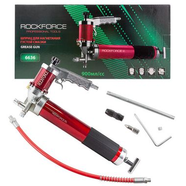 Шприц пневматический для нагнетания густой смазки 600мл в комплекте с жестким(L-200мм) и гибким(L-400мм) наконечниками (''под тубу'') RockForce##Rock FORCE RF-6636