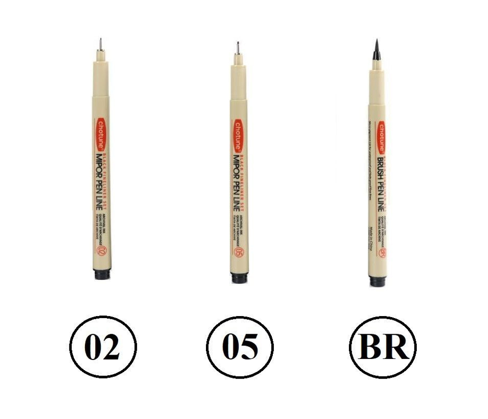 Комплект из 3-х линеров для скетчинга (в пенале)/ толщина линеров 02, 05, BR