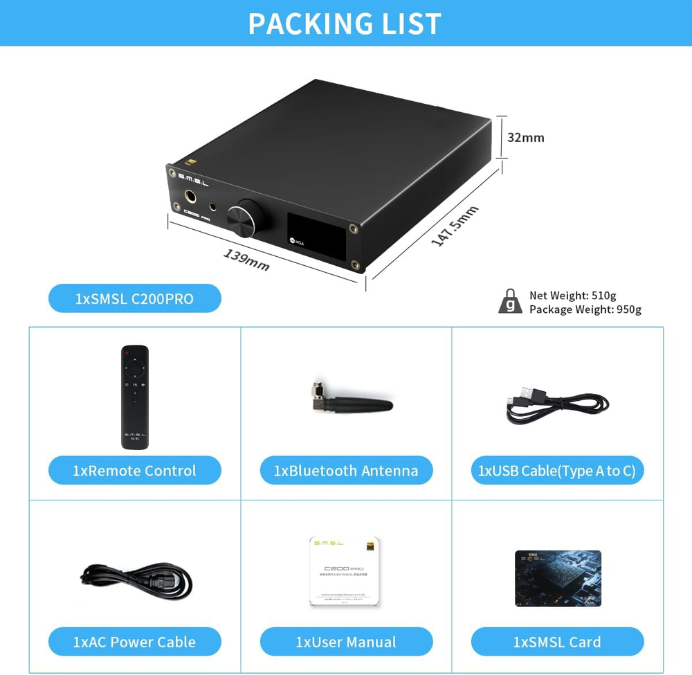 Усилитель для наушников SMSL C200 Pro, настольный, ЦАП, Bluetooth, цифро-аналоговый преобразователь