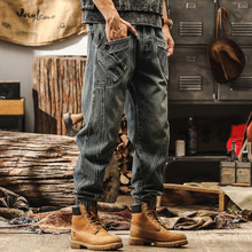 Джинсы мужские с резинками внизу брючина от бренда JIELEINUO