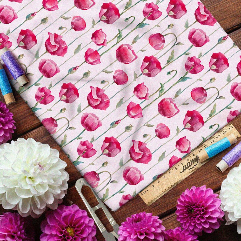 Ткань флис насыщенные акварельные тюльпаны на розовом фоне