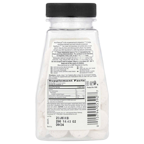 Country Life, Acid Rescue, карбонат кальция, ягодный вкус, 60 жевательных таблеток