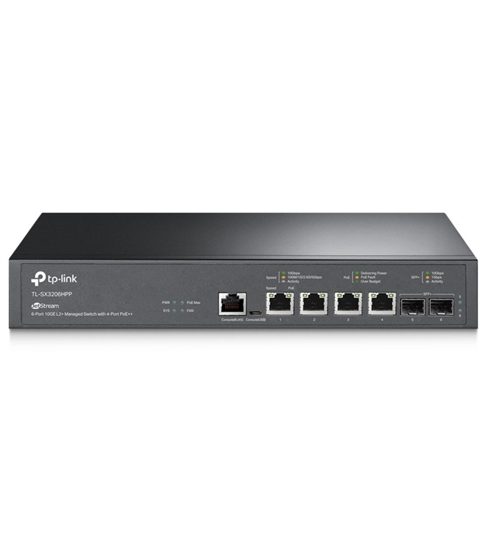 TP-Link TL-SX3206HPP, JetStream™ 6-портовый управляемый коммутатор с 4 портами PoE++ 10GBase-T и 2 слотами SFP+ 10GE уровня 2+
