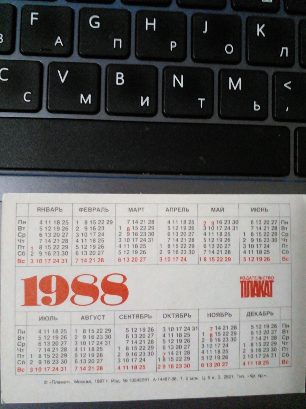 Карманный календарик СССР. Винтаж. 1988 год. Издательство Плакат