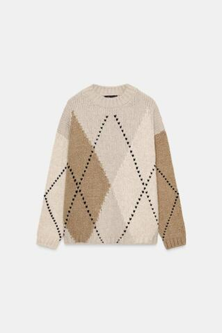 ZARA ТРИКОТАЖНЫЙ ДЖЕМПЕР С УЗОРОМ «РОМБЫ», БЕЖЕВЫЙ