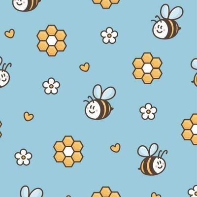 Милые пчелы цветы и медовые соты на голубом фоне