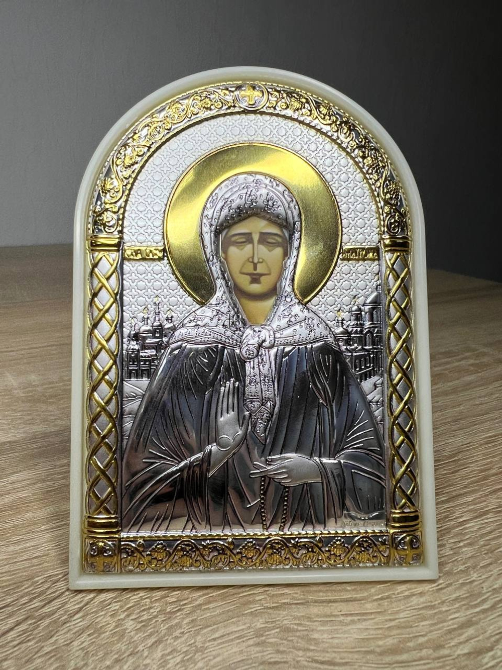 Матрона, икона арочная, пластик белый 80х115