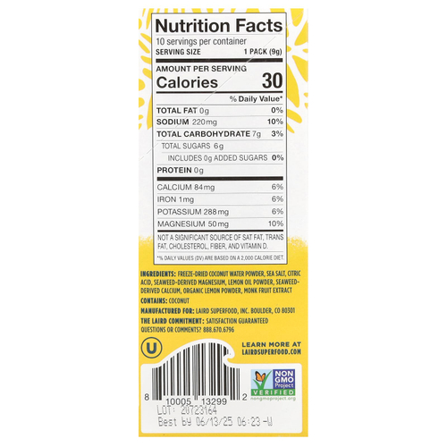 Laird Superfood, Hydrate Coconut Water, смесь для приготовления электролитов, лимон, 10 пакетиков по 9 г (0,3 унции)