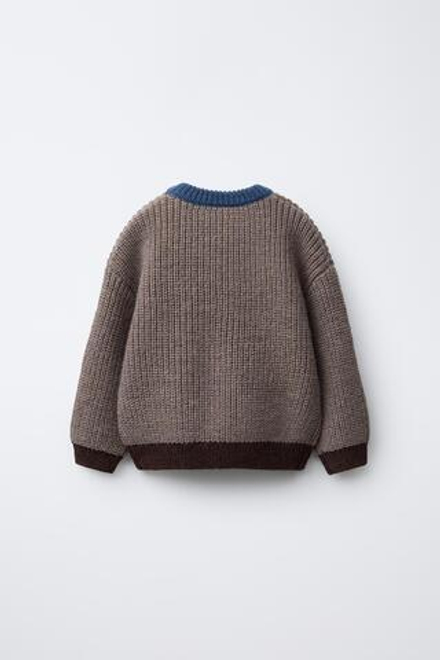 ZARA СВИТЕР КРУПНОЙ ВЯЗКИ С КОНТРАСТНОЙ ОТДЕЛКОЙ, КОРИЧНЕВЫЙ