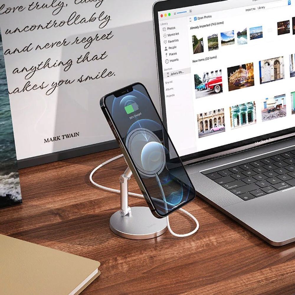 Держатель настольный Hoco Daring magnetic wireless charging desktop Stand (PH39) для iPhone 12 mini/12/12 Pro/12 Pro Max Серебристый