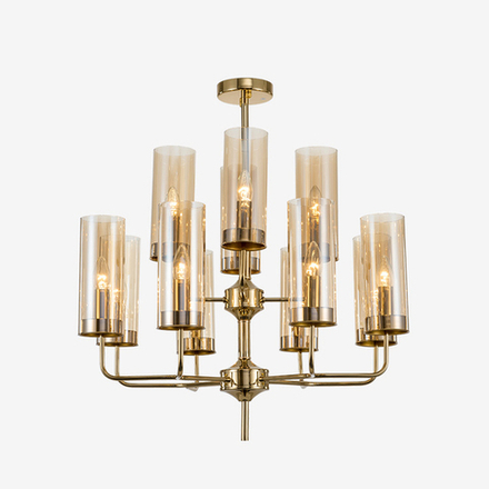 Chandelier  Brass & Blue Glass Tube by Hans-Agne Jakobsson (12 lampshades,  Beige)