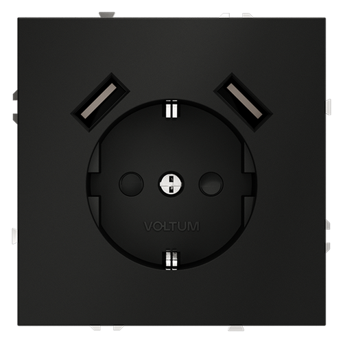 Розетка встраиваемая VOLTUM S70 с заземлением и защитными шторками, 16А, с USB, A+A, (черный матовый