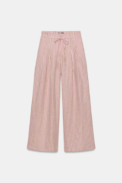ZARA БРЮКИ В ПОЛОСКУ ИЗ СМЕСОВОГО ЛЬНА СО ШНУРКОМ, РОЗОВЫЙ