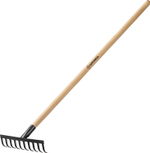 GRINDA GT-10 WOOD, 260 х 80 х 1300 мм, 10 прямых зубцов, углерод. сталь, антикор. покрытие, черенок дерев. высш. сорт, садовые грабли (39583-10)
