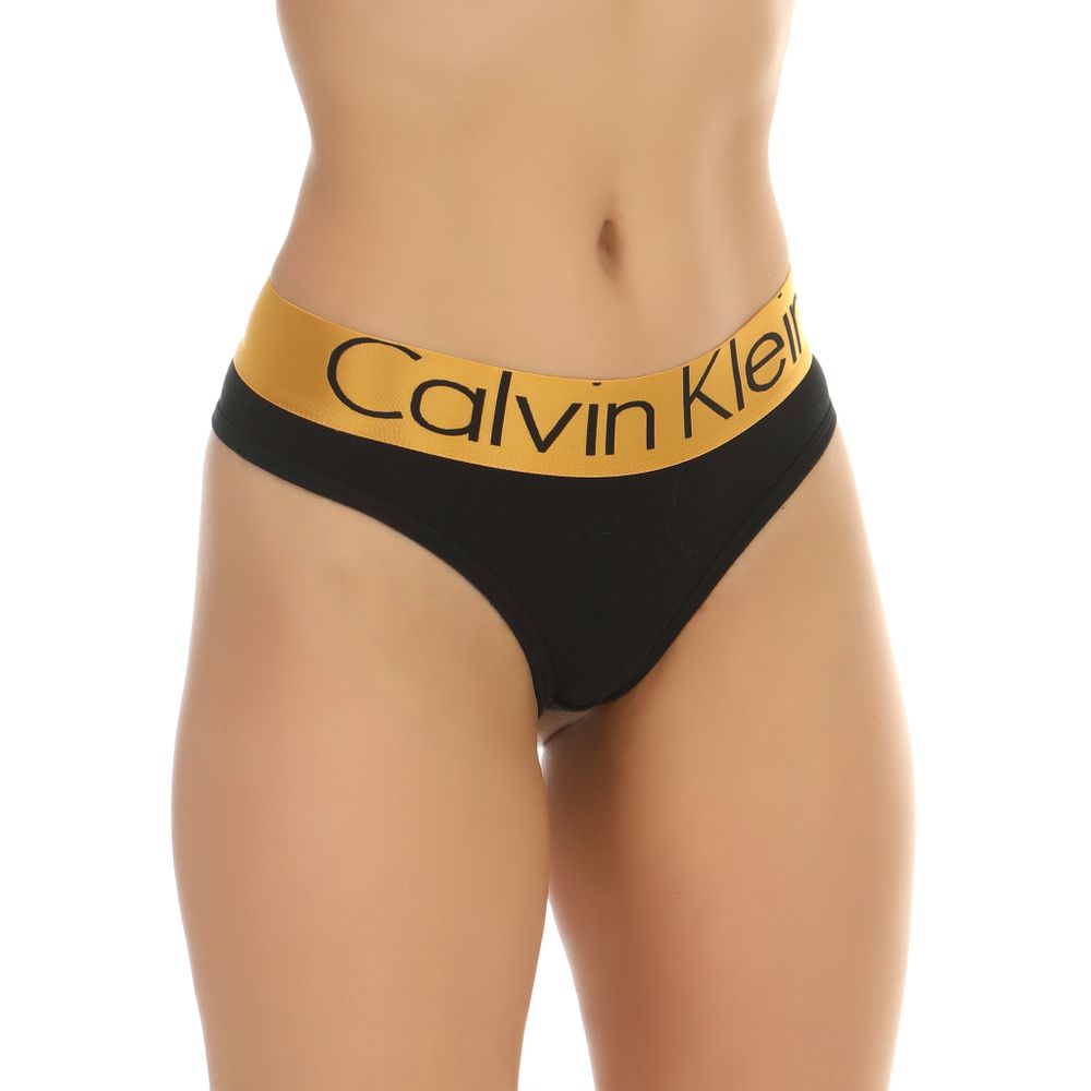 Женские трусы тонги черные с золотистой резинкой Calvin Klein Women Golden Black