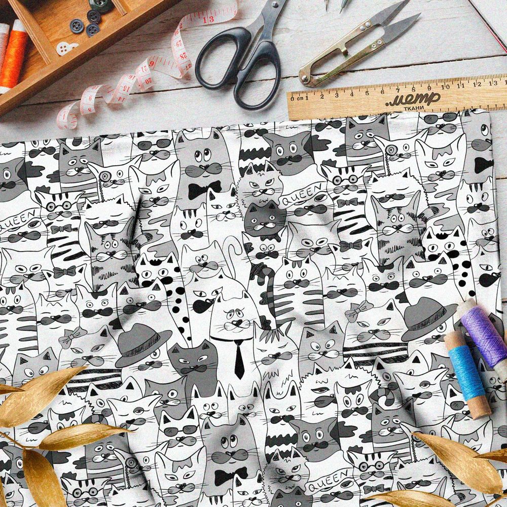 Ткань блэкаут бело-серые коты из мультиков