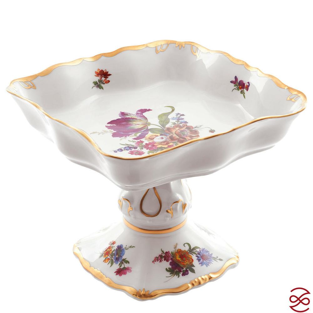 Салатник квадратный на ножке Queen's Crown Мейсенский букет 21см
