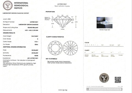 Лабораторно-выращенный бриллиант Кр-57 6.53-6.56 мм D/VVS1 1.04 ct