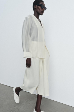 ZARA СТРУЯЩАЯСЯ РУБАШКА ZW COLLECTION, ЖЕЛТОВАТО-БЕЛЫЙ