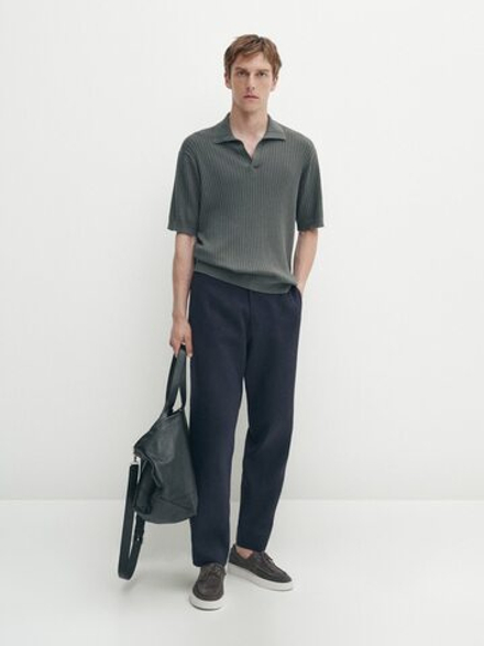 Massimo Dutti Поло из хлопка и льна в рубчик, серый
