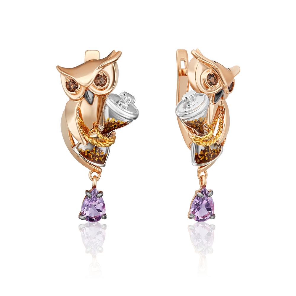 Серьги «Мудрость жизни» с английским замком из комбинированного золота с аметистом, кварцем дымчатым и эмалью