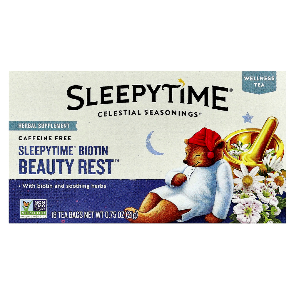 Celestial Seasonings, Wellness Tea, Sleepytime®, биотин Beauty Rest™, без кофеина, 18 чайных пакетиков, 21 г (0,75 унции)