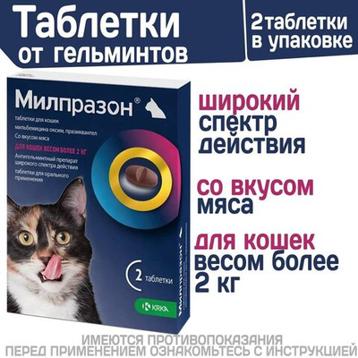 таблетки от гельминтов Милпразон для кошек более 2кг - 2 табл./уп.