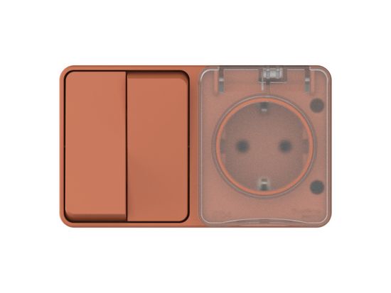 ATLASDESIGN PROFI IP54 О/У БЛОК: РОЗЕТКА с заземл. со шт., 16А, ВЫКЛЮЧАТЕЛЬ 2-клав., 10АХ, ТЕРРАКОТОВЫЙ