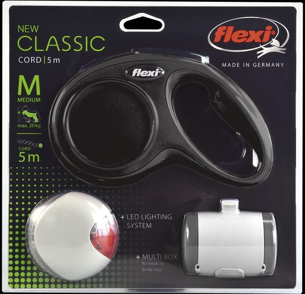 FLEXI набор (рулетка NEW Classic Basic М (до 20 кг) трос 5 м + LED фонарик + Multi-box) черный (2401