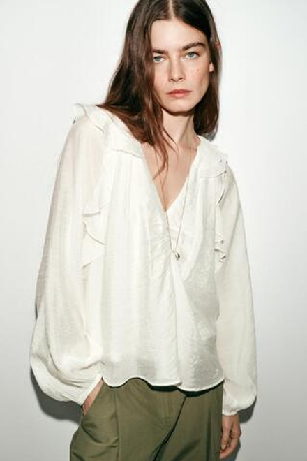 ZARA БЛУЗА С ВОЛАНАМИ И СБОРКАМИ, БЕЛЫЙ