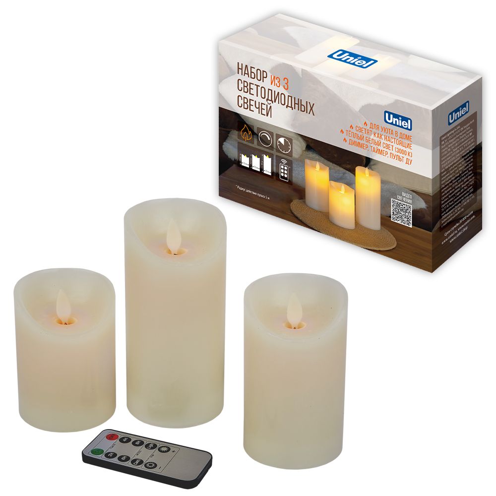 ULD-F065 WW RC CANDLE SET3 Фигура светодиодная Свеча на батарейках 2AA не в-к. в составе набора из 3 штук. Диммируемая. 1 светодиод. Теплый белый свет. Пульт ДУ в-к. TM Uniel