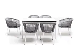 "Малага" обеденная группа на 6 персон со стульями "Марсель", каркас белый, роуп светло-серый