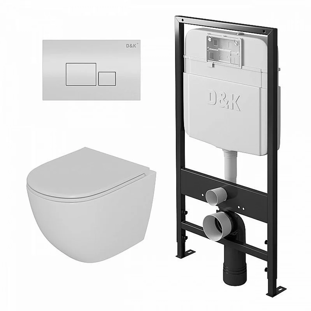 Унитаз подвесной с инсталляцией D&K Matrix DS1391602 белый/кнопка белая, безободковый, с крышкой микролифт