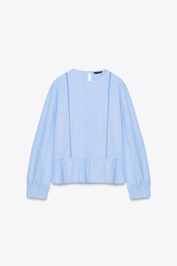 ZARA БЛУЗА С КРУЖЕВОМ И БАСКОЙ, ГОЛУБОЙ