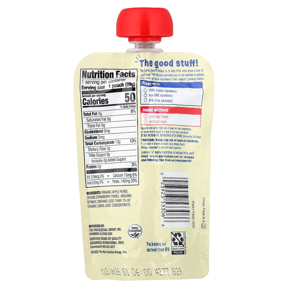 Earth's Best, Органические фрукты и овощное пюре, от 6 месяцев, яблоко, клубника и шпинат, 99 г (3,5 унции)