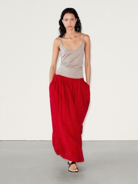 Massimo Dutti Юбка миди из смесовой ткани рами, красный