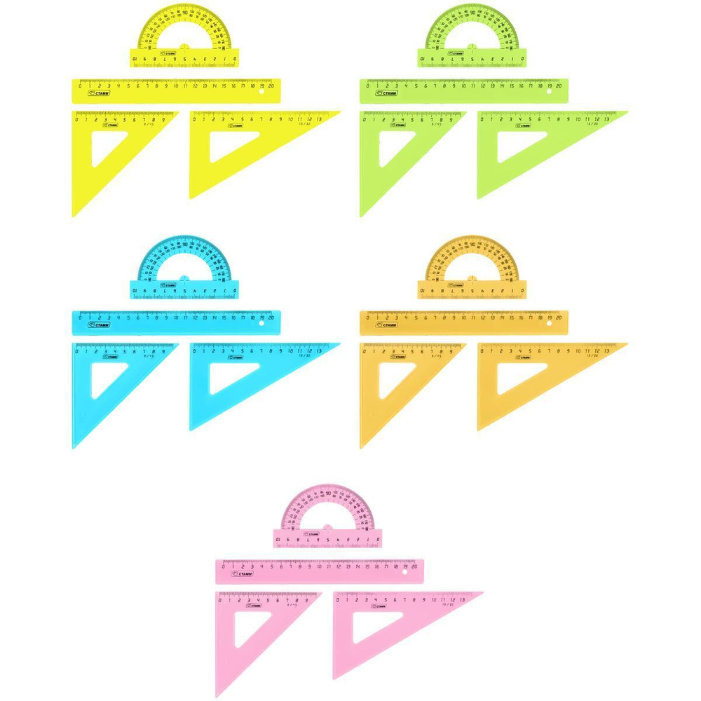 Набор чертежный р.M 20см. (линейка, 2 треугол., транспор.), прозрач., неоновые цвета (Стамм)