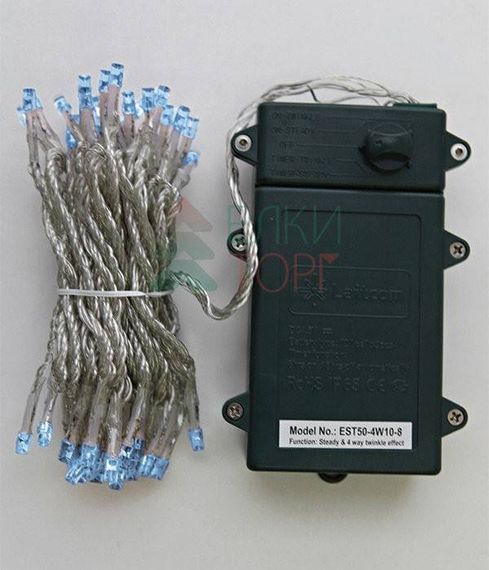 Светодиодная гирлянда 5 м., 3 батарейки типа D 4.5V, 50 LED ламп небесно голубого цвета, таймер, прозрачный провод, LTC (EST50-4W10-8SB)