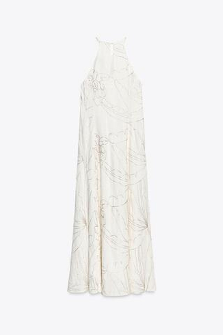 ZARA ПЛАТЬЕ-ХАЛТЕР С ВЫШИВКОЙ В ВИДЕ ЦВЕТОВ, ЗОЛОТИСТЫЙ