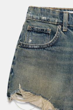 ZARA ДЖИНСОВЫЕ ШОРТЫ TRF С ВЫСОКОЙ ПОСАДКОЙ И РАЗРЫВАМИ, СЕРО-СИНИЙ