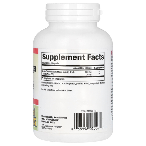 Natural Factors, ферментированный яблочный уксус, 500 мг, 180 капсул, которые легко глотать