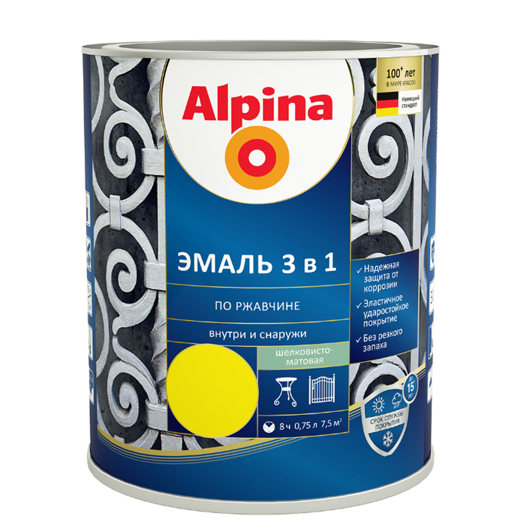 ЭМАЛЬ ПО РЖАВЧИНЕ ALPINA 3 В 1 ШЕЛК-МАТ ЦВЕТНАЯ RAL1021, 0,75Л / 0,80КГ
