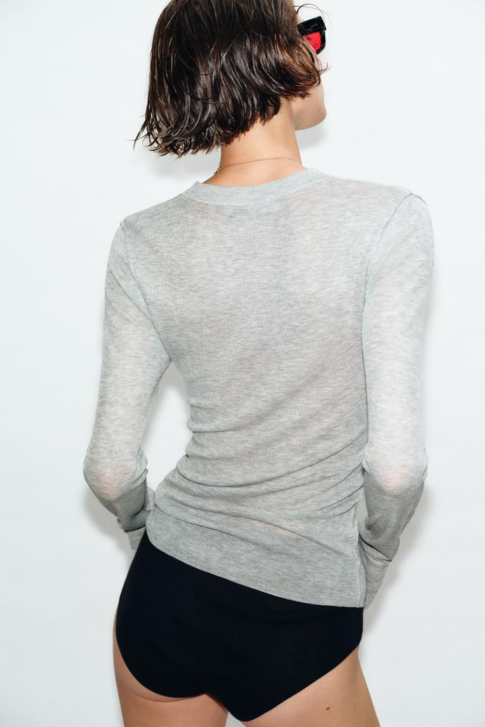 ZARA ПОЛУПРОЗРАЧНЫЙ ТРИКОТАЖНЫЙ ТОП, СЕРЫЙ МЕЛАНЖ