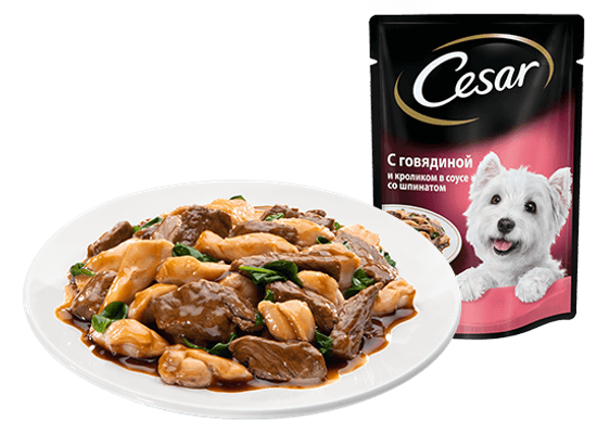 Cesar из говядины и кролика в соусе со шпинатом, пауч 85 гр